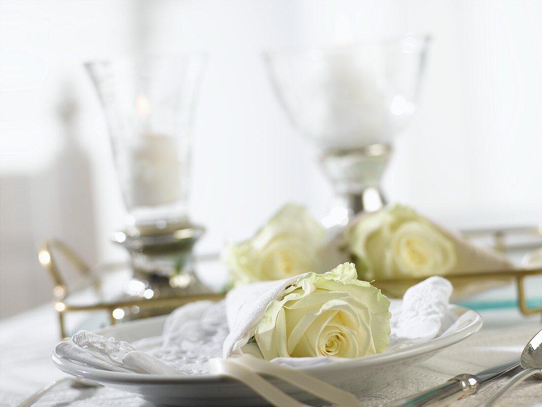Two windlights and place-setting with white rose
