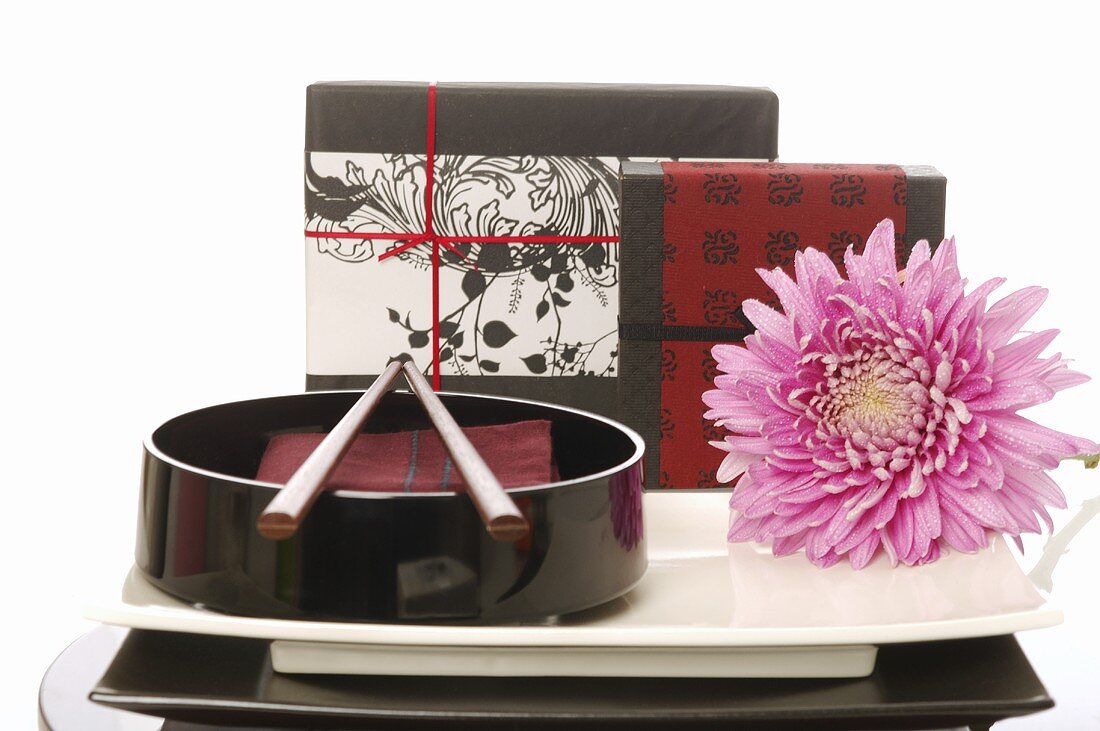 Arrangement of Asian tableware and gifts