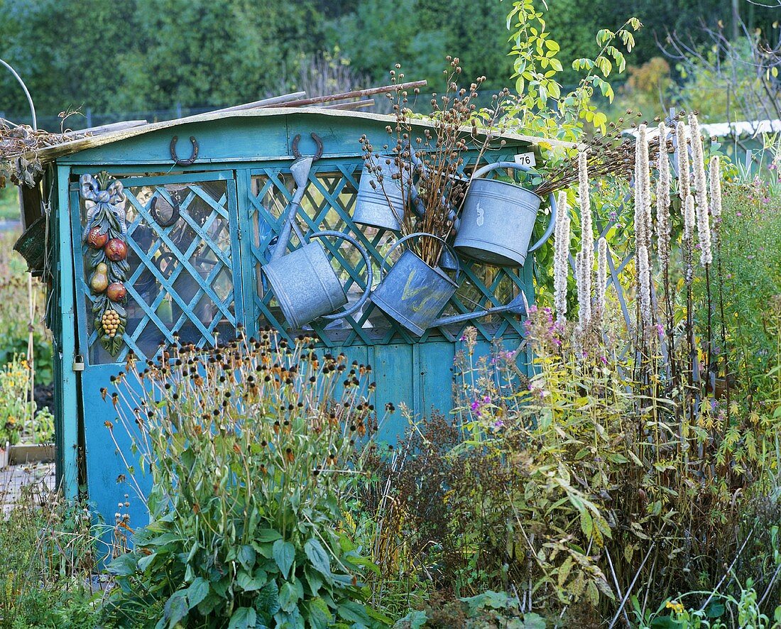 Watering cans hanging on a summer house (autumn)