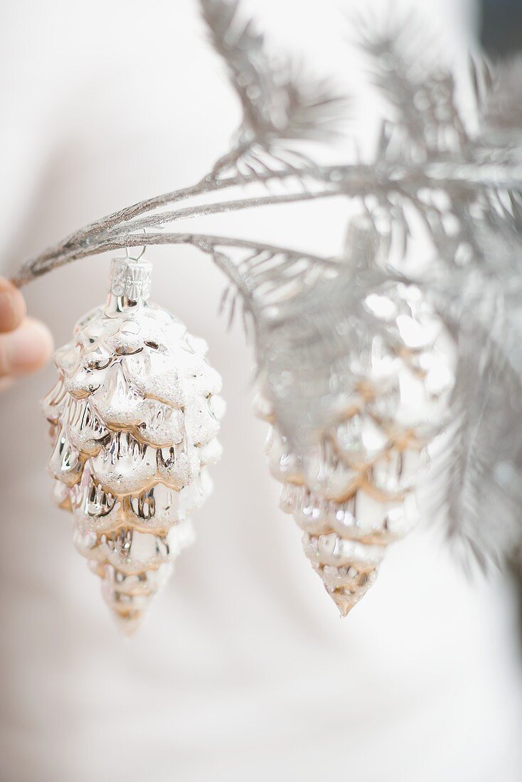 Hand holding Christmas decoration (silver cones on branch)