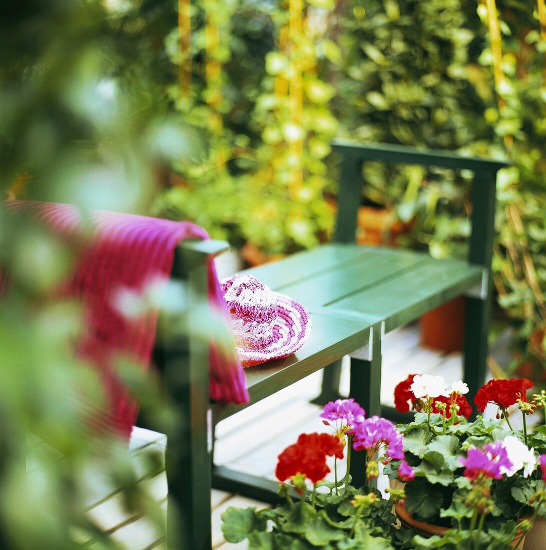 Garden bench with straw hat and geraniums