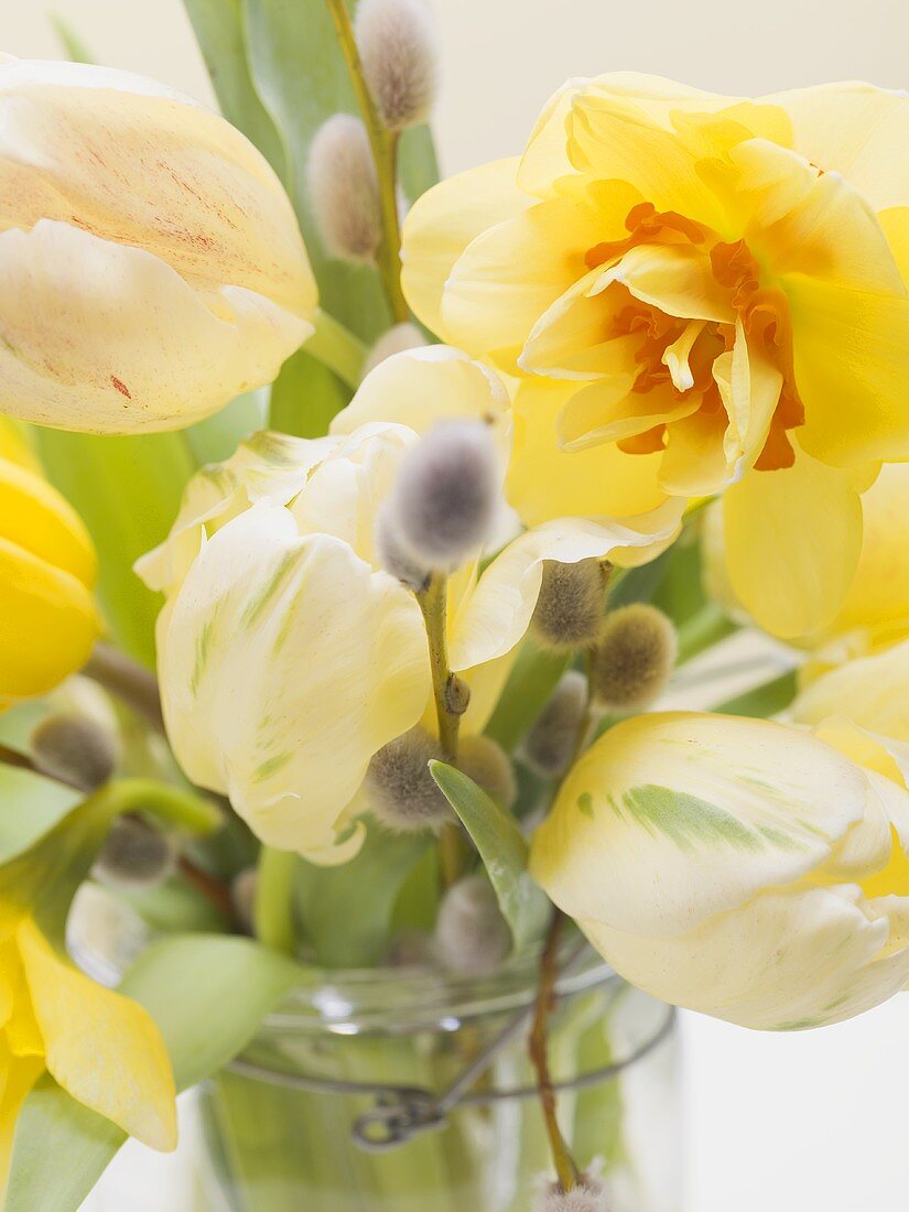 Frühlingsstrauss mit Tulpen, Osterglocken und Palmkätzchen