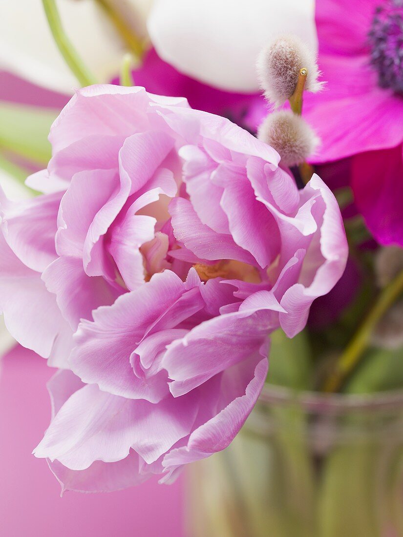 Pink tulip in vase of spring flowers