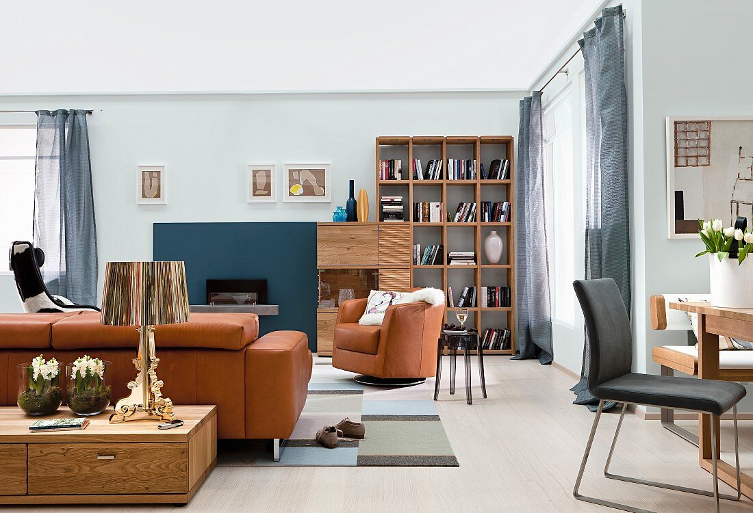Open-plan living area with brown leather sofa set, shelving and fireplace
