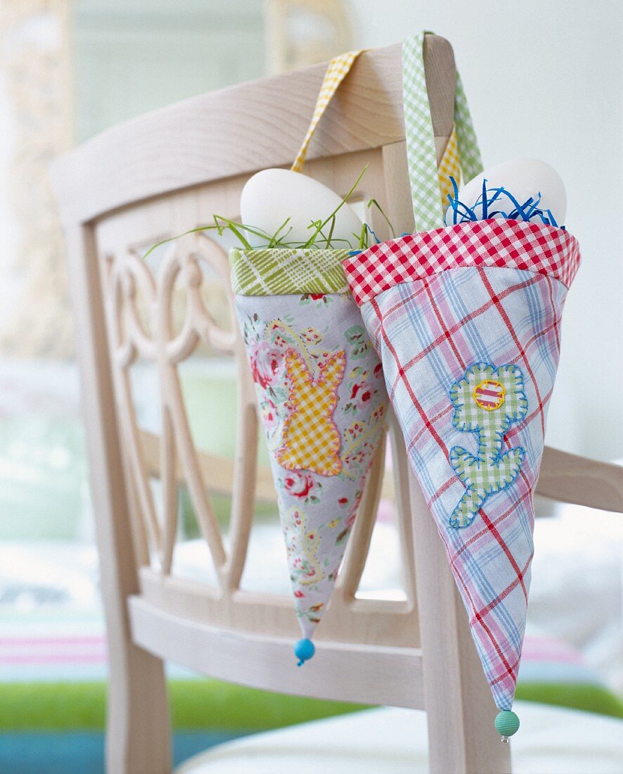 Homemade decorative fabric bags for Easter eggs