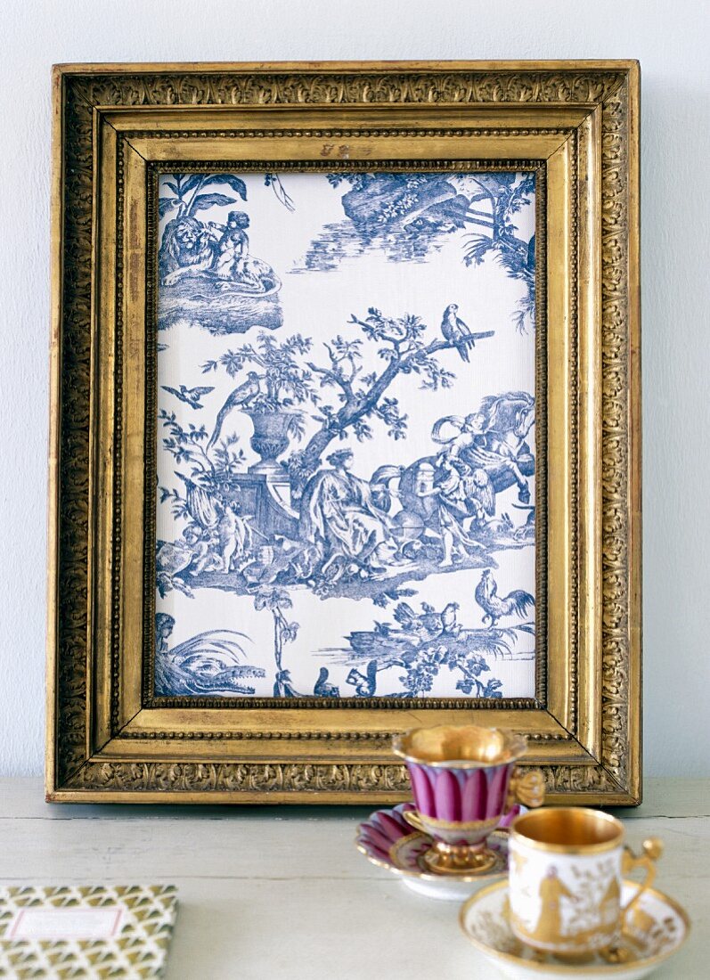 Picture frame with rural, French, toile de jouy motif