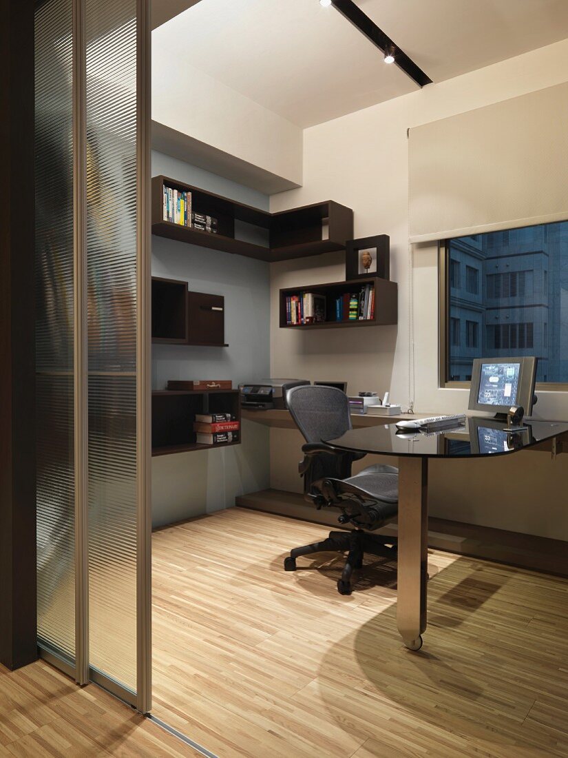 Modern home office with hardwood floor