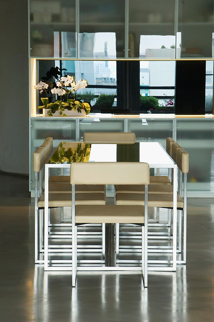 Moderner Esstisch und Stühle vor Küchenschrank mit transparenten Fronten