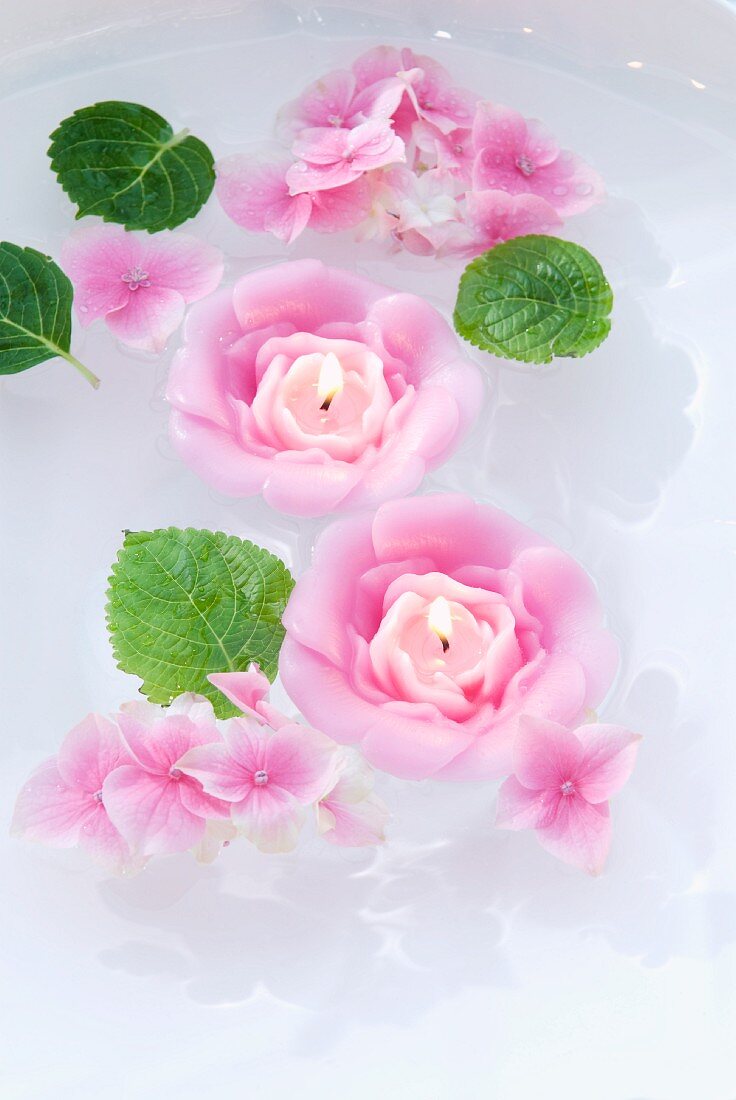 Wasserschale mit rosenförmigen duftenden Schwimmkerzen