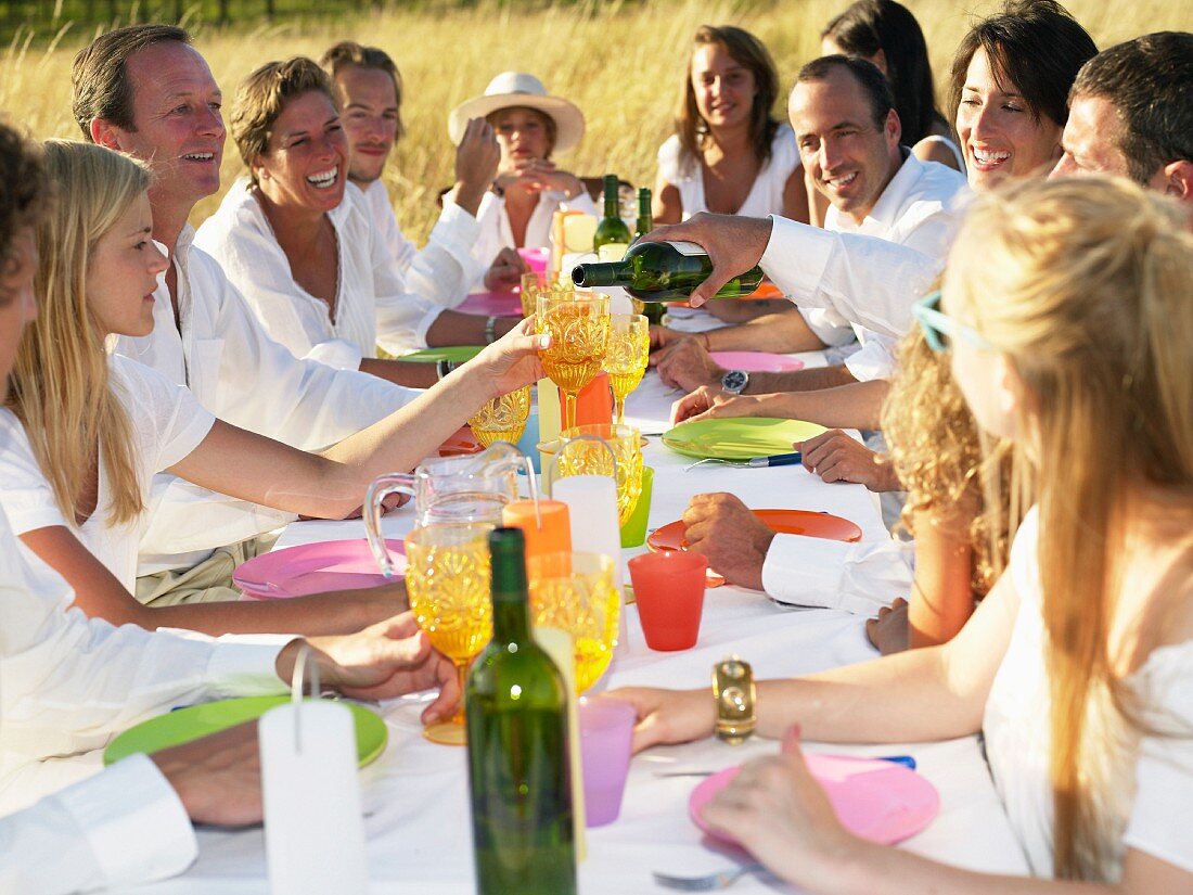 People having dinner in a field