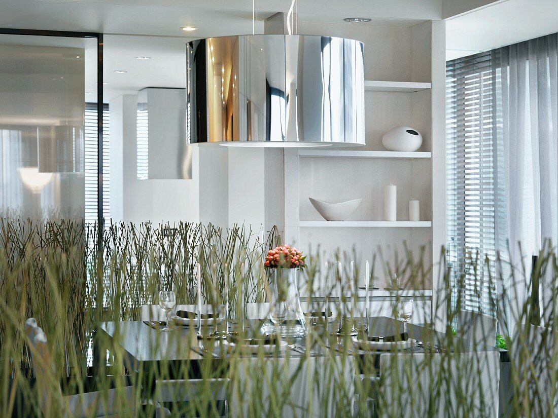Blick über Pflanzendeko auf Hängelampe über Esstisch vor weißem Regal