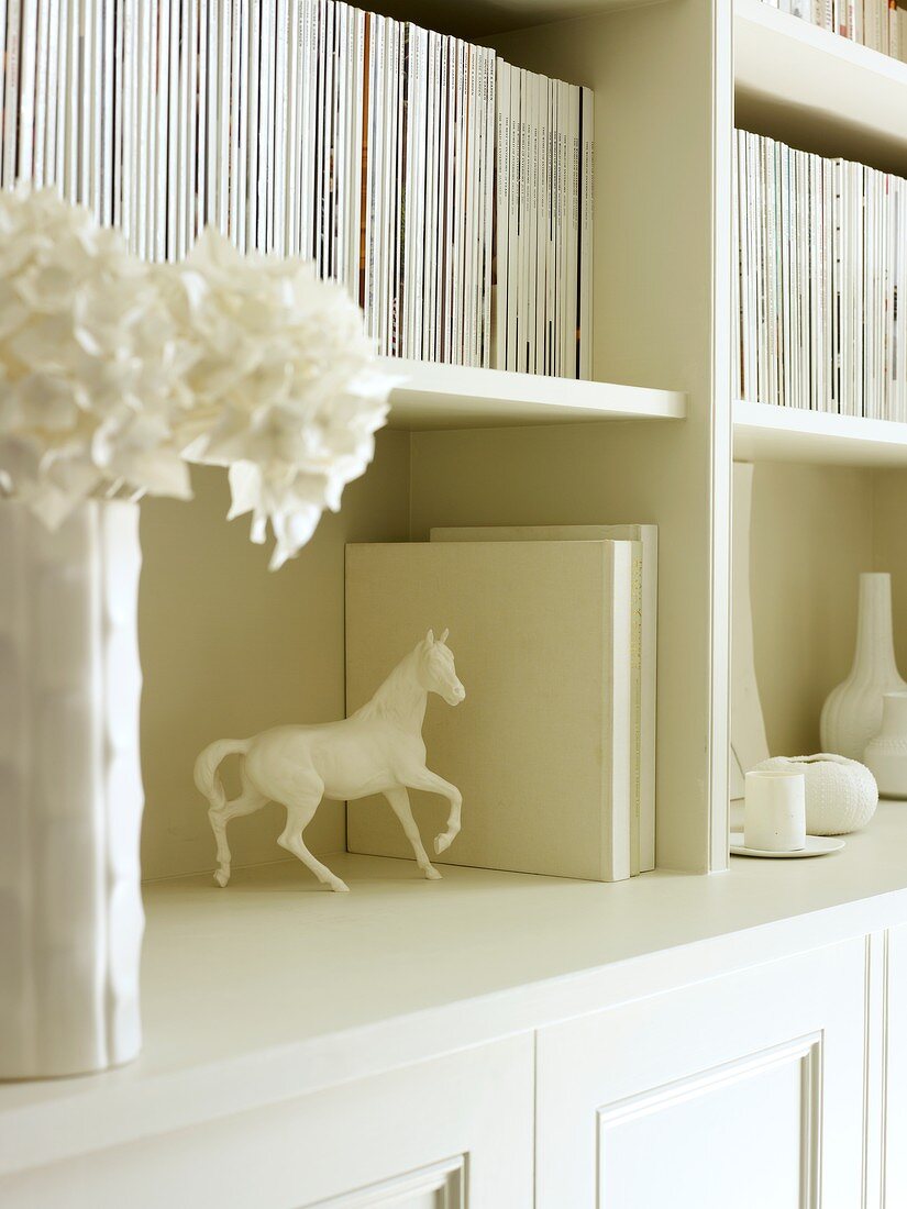 Detail of magazines, vase of flowers and horse figurine in white bookcase