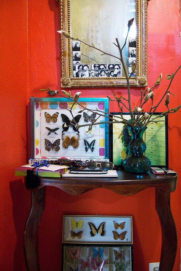 Rote Wand als Hintergrund für Schmetterlingsammlung in Bilderrahmen und antiken Spiegel mit eingesteckten Passbildern