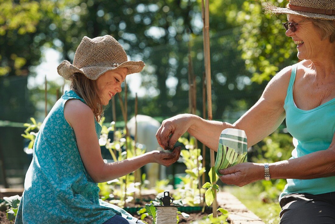 Grandmother handing girl seeds to plant
