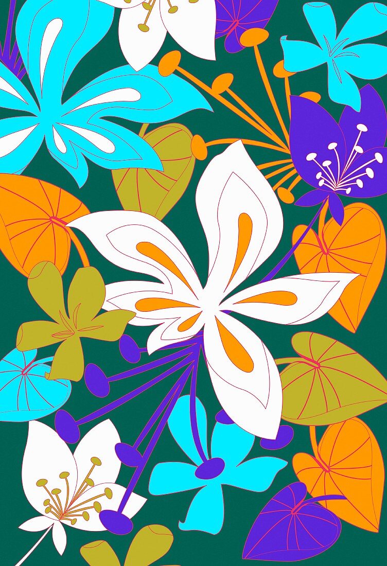 Tropical flowers on green background (print)