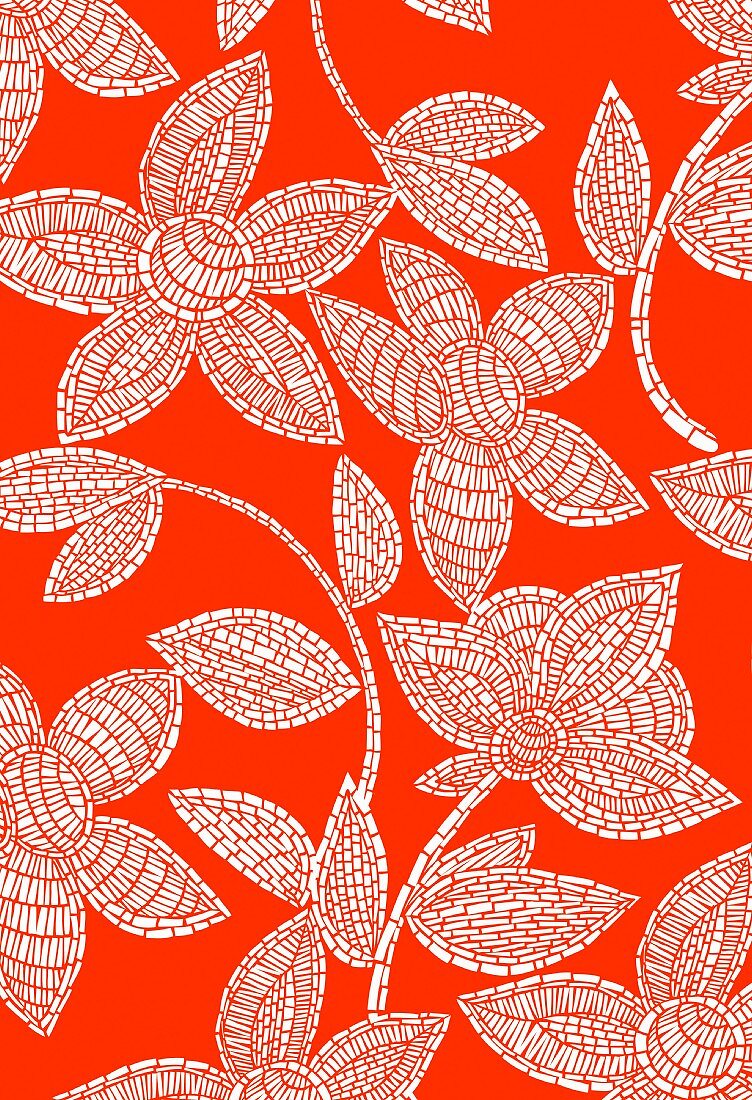 weiße Mosaikblumen auf orangefarbigem Grund (Illustration)