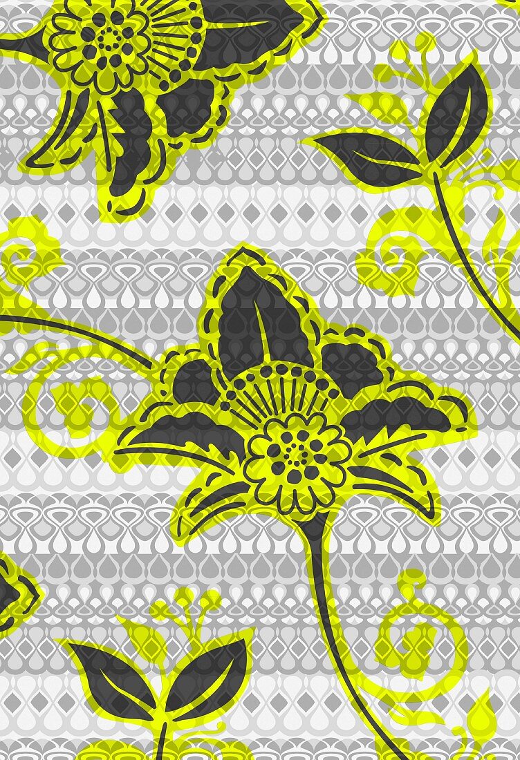 Tropical floral pattern on tribal background (print)
