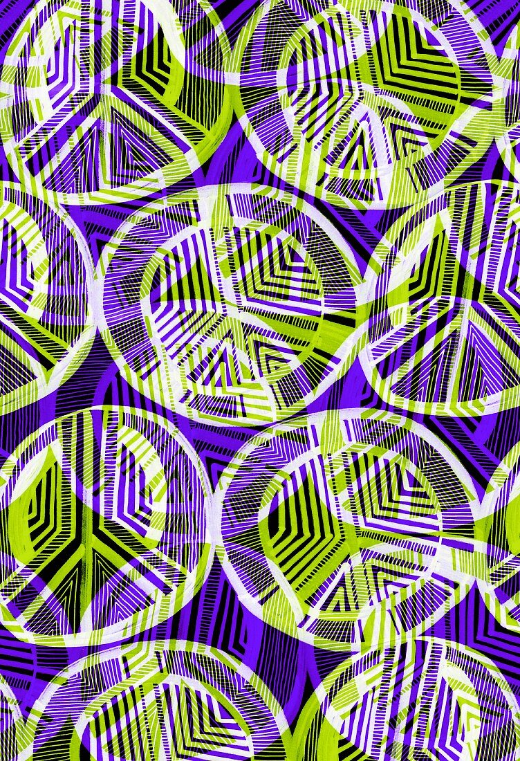 Multi-layered pattern of purple and green peace symbols (print)