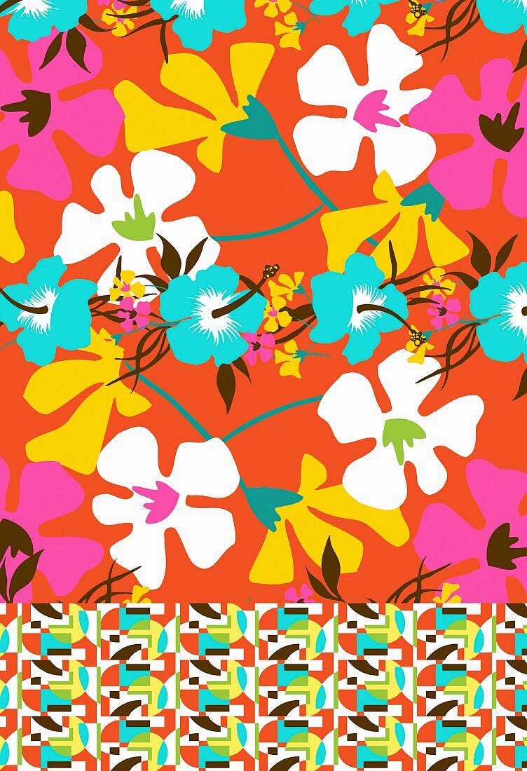 Pattern of multicoloured tropical flowers (print)