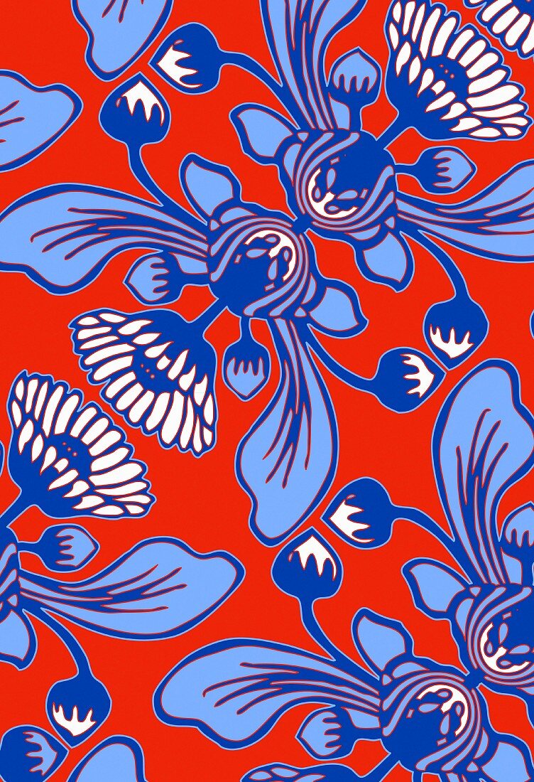 Blue Cape daisy pattern on orange background (print)