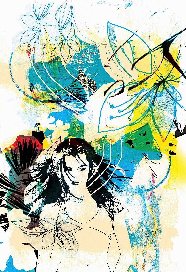 Surfergirl und Tropenblumen (Illustration)