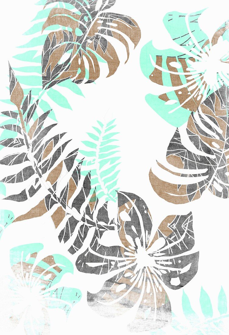 Tropical flowers and leaves on white background (print)