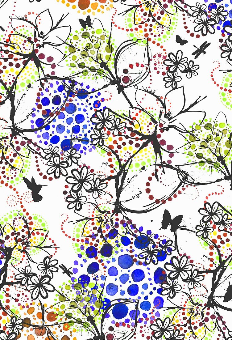 Schmetterlinge und Tropenblumen auf weißem Grund mit Pünktchenmuster (Illustration)