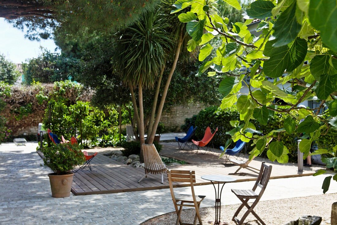Idyllic outdoor area with multiple areas for sitting and shady trees