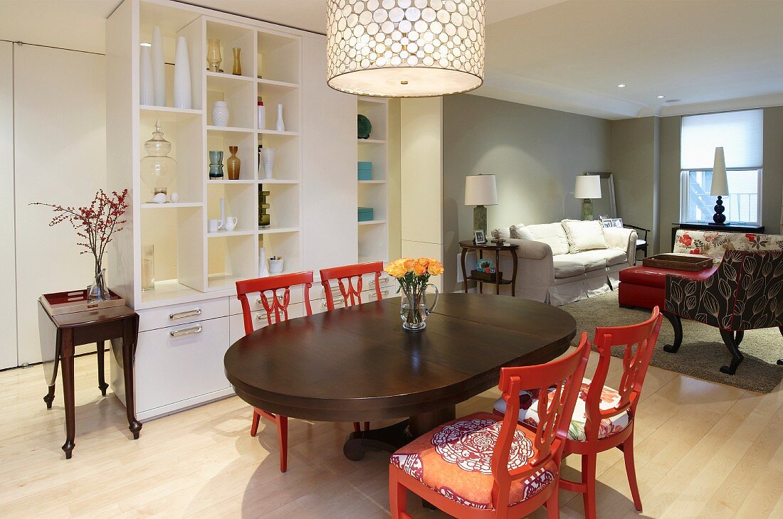 Dining Room with Colorful Dining Chairs; Open to Living Room