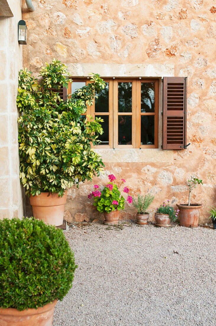 Potted plants outside traditional Finca with stone facade