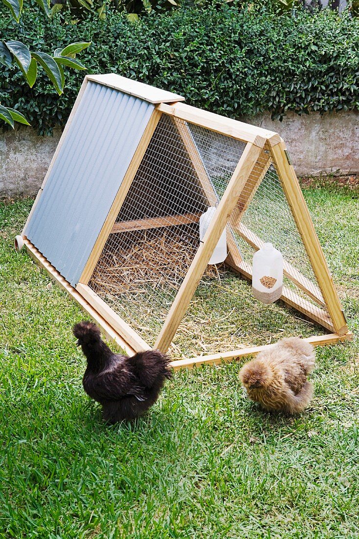 Selbstgebauter Hühnerstall mit eingehängtem Futter- und Wasserspender