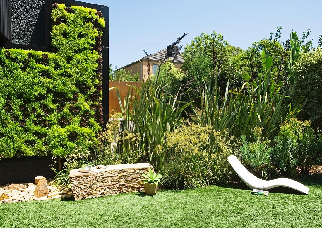 Garden with luxuriant, diverse planting and green wall of Sedum 'Gold mound'