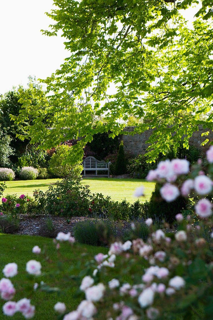 Gepflegter historischer Garten mit Rosenbeeten; Bank im Antikstil vor hoher Natursteinmauer im Hintergrund