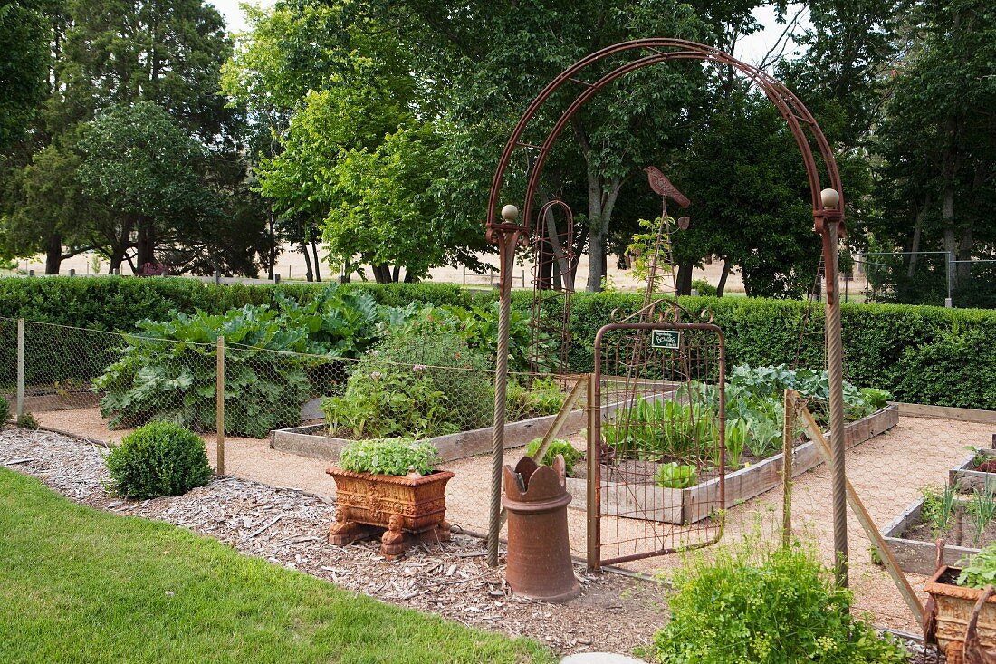 In historische Gartenanlage integrierter aber mit Maschendraht und antikem Torbogen abgegrenzter Nutzgarten mit Gemüsebeeten