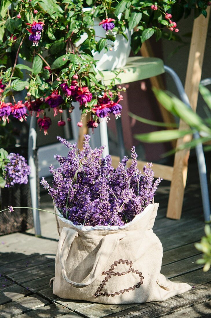 Lavender flowers in linen bag on veranda