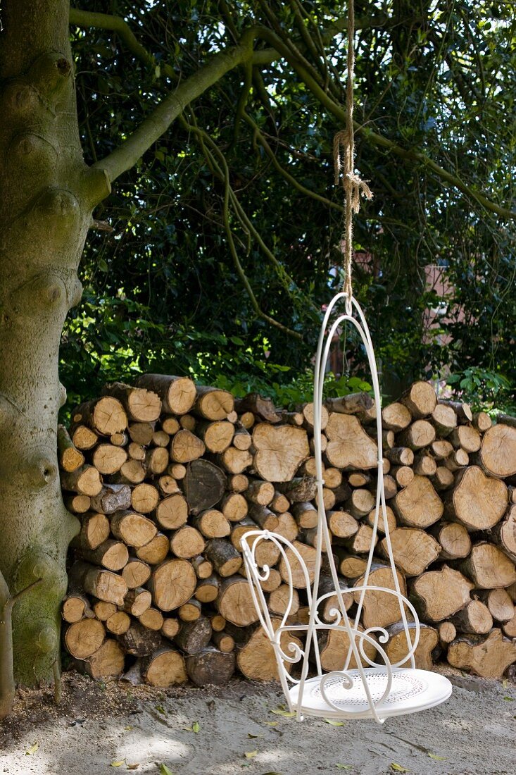 Swing made from a traditional chair hanging from a tree and a stack of wood in the background