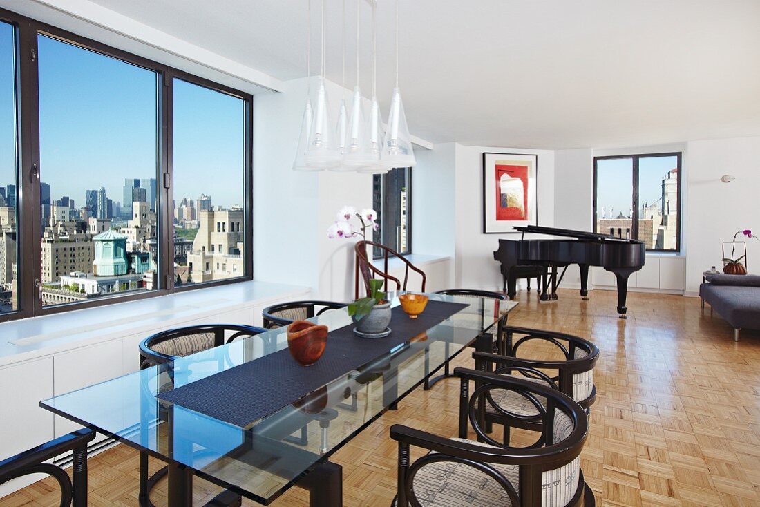 Dining Room Open to Living Room with City Views