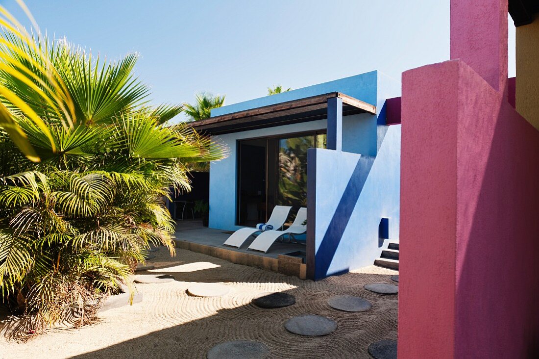 Moderne Liegestühle auf der Terrasse des blauen Appartements mit Blick auf den Innenhof mit runden Pflastersteinen und großer mexikanischen Fan Palme