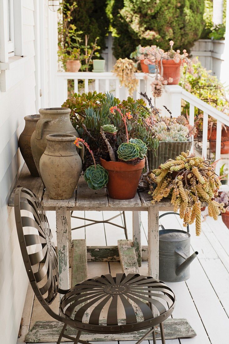 Vintage arrangement of clay pots and plats on small white veranda
