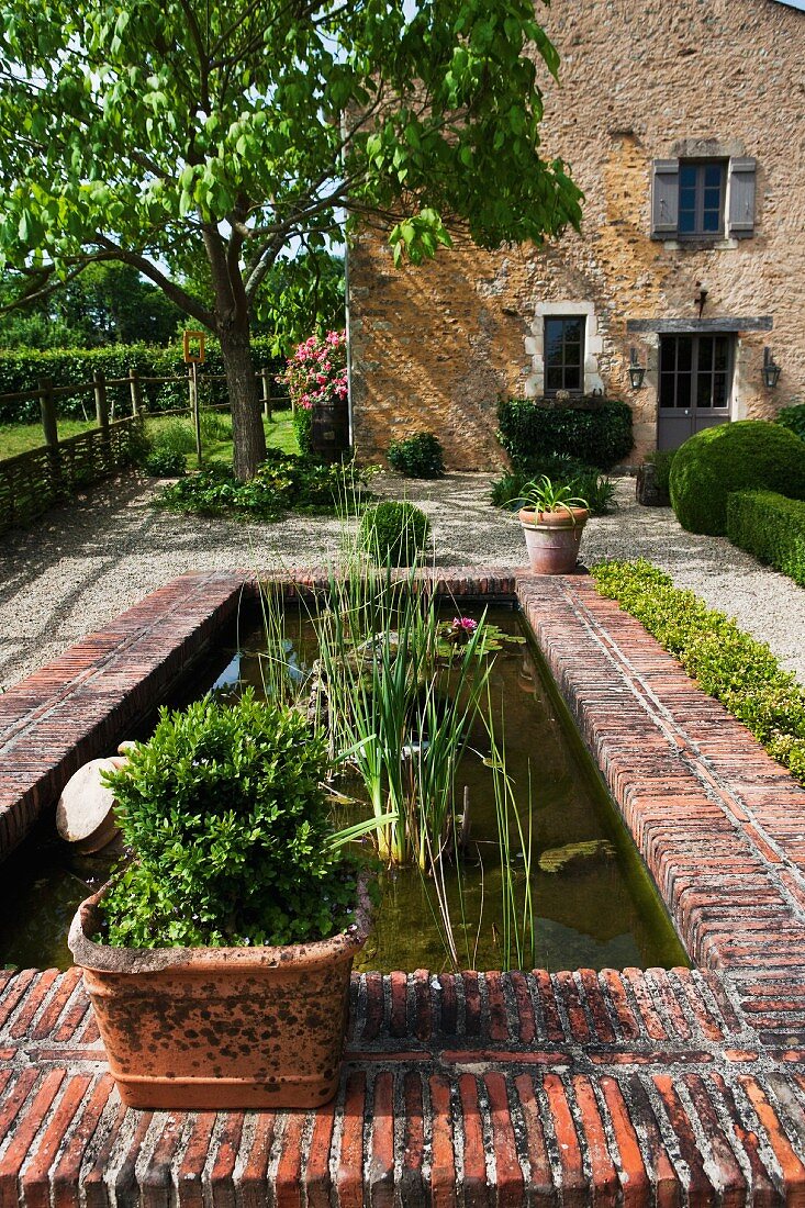 Pflanzen im Wasserbecken mit Terrakottastein Einfassung im Garten eines französischen Landhauses