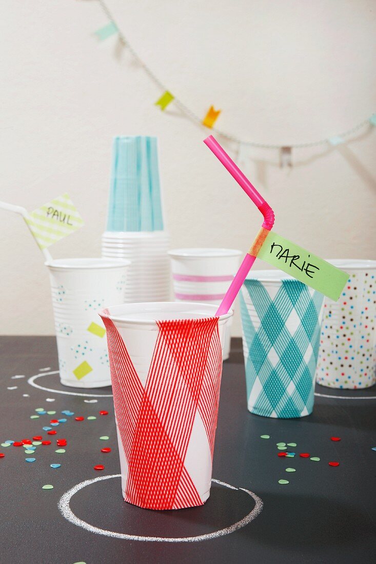 Party cups decorated with washi tape