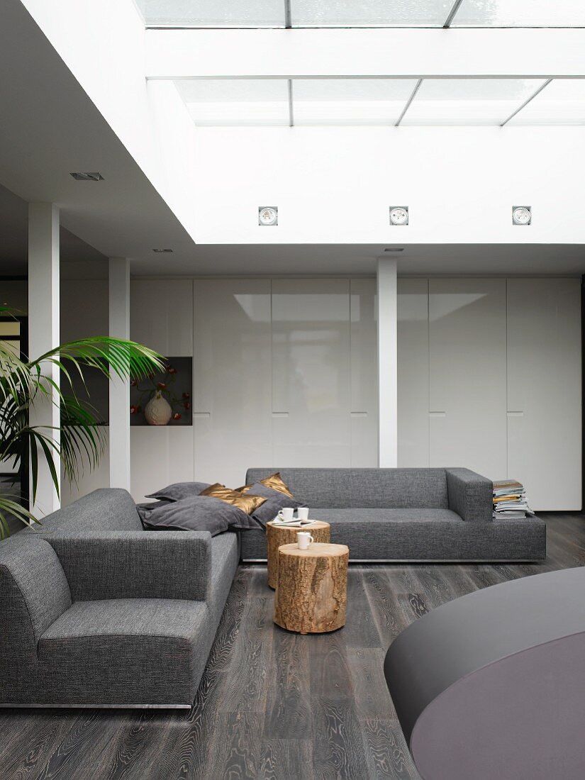 Atrium of modern, architect-designed house with grey sofa combination and white fitted cupboards with glossy doors