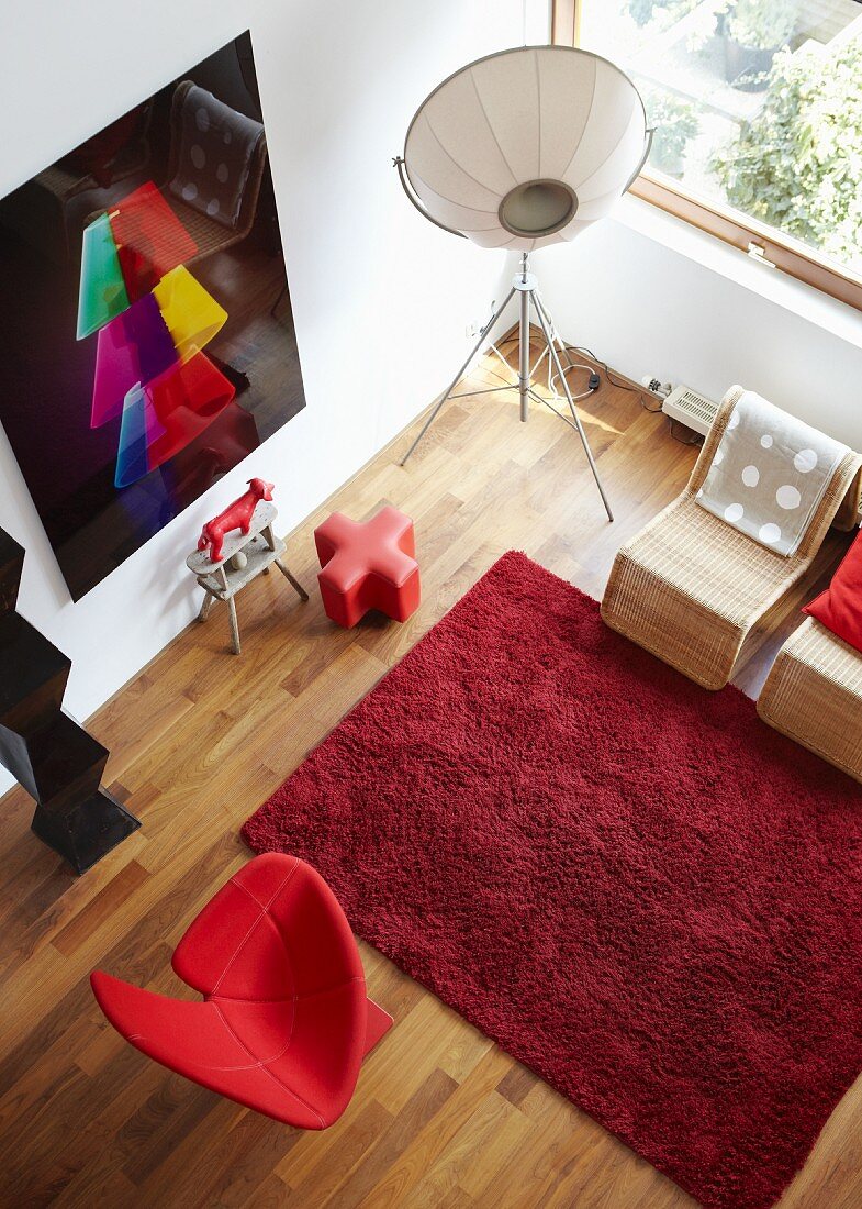 Blick auf das Wohnzimmer mit rotem Teppich, Designer-Sessel, Designer-Stehleuchte und fotografischem Kunstwerk