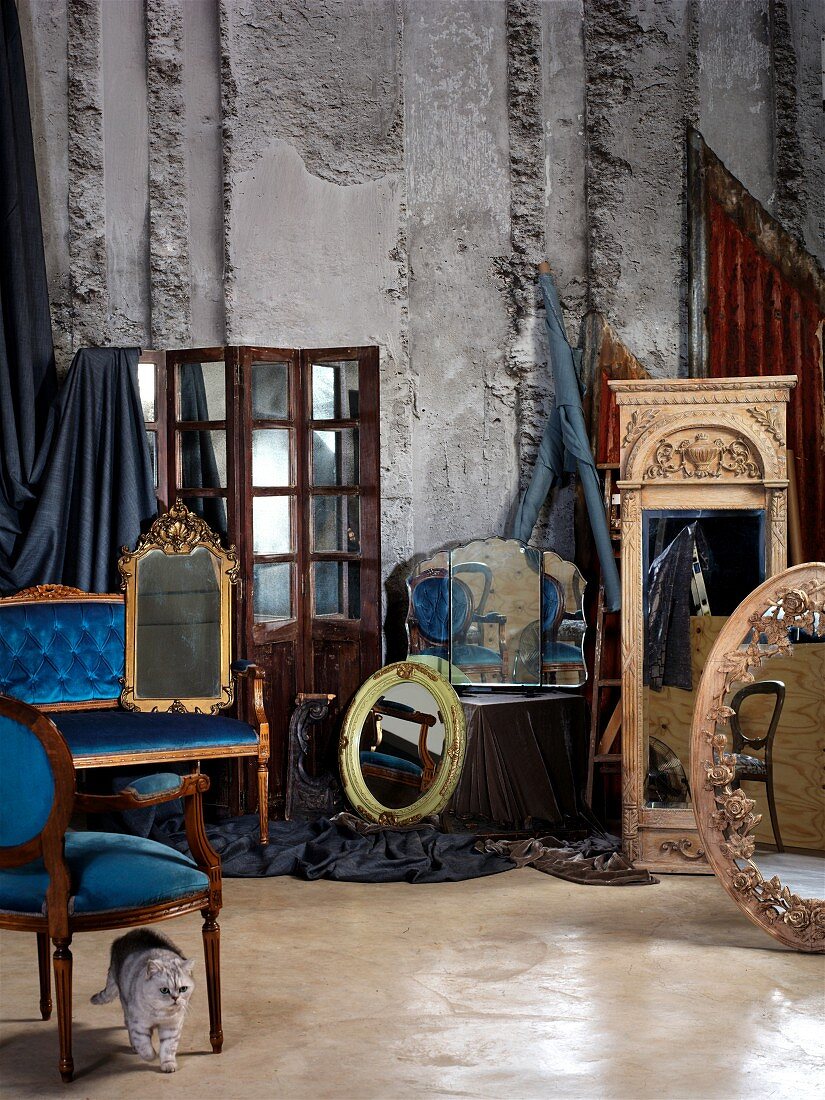 Various antique mirrors in old building