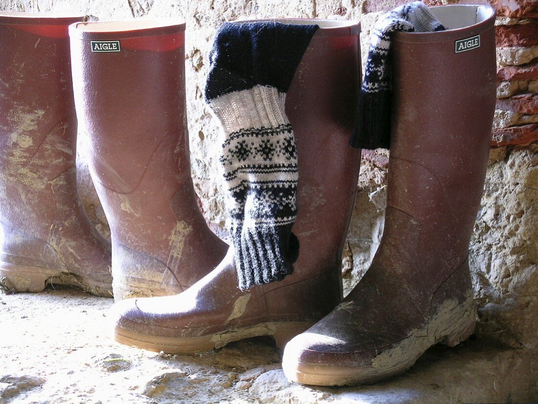 Muddy wellington boots and knitted socks … – image – 11137192 ❘ living4media