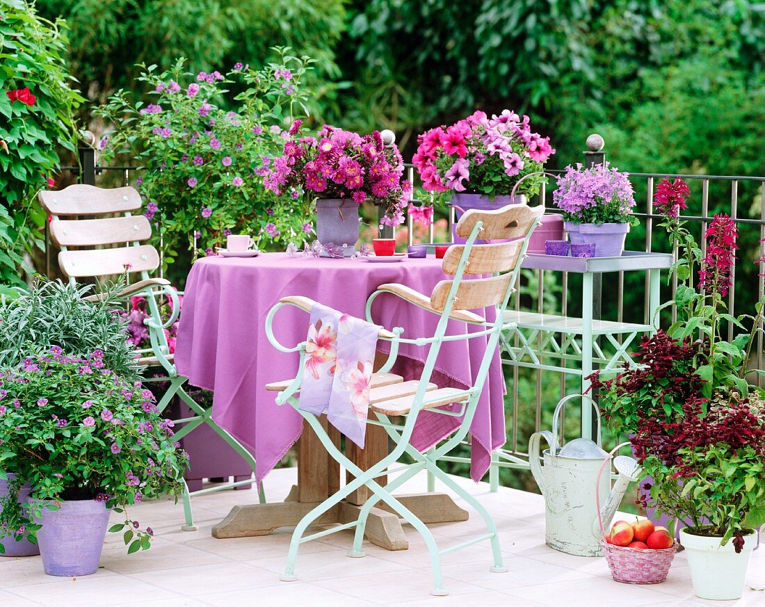 Corner of balcony with purple flowering plants and matching tablecloth on balcony table