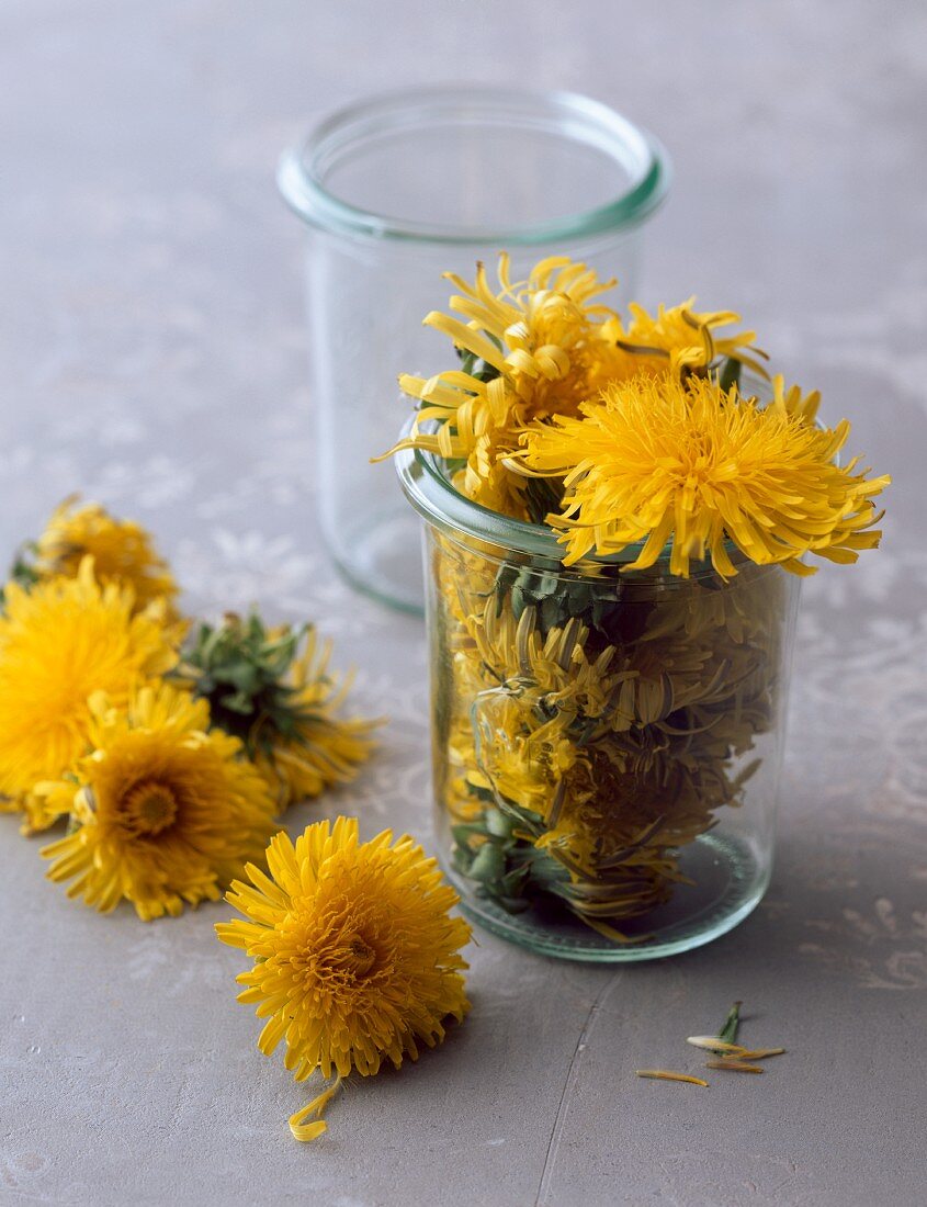 Dandelion flowers, some in jar