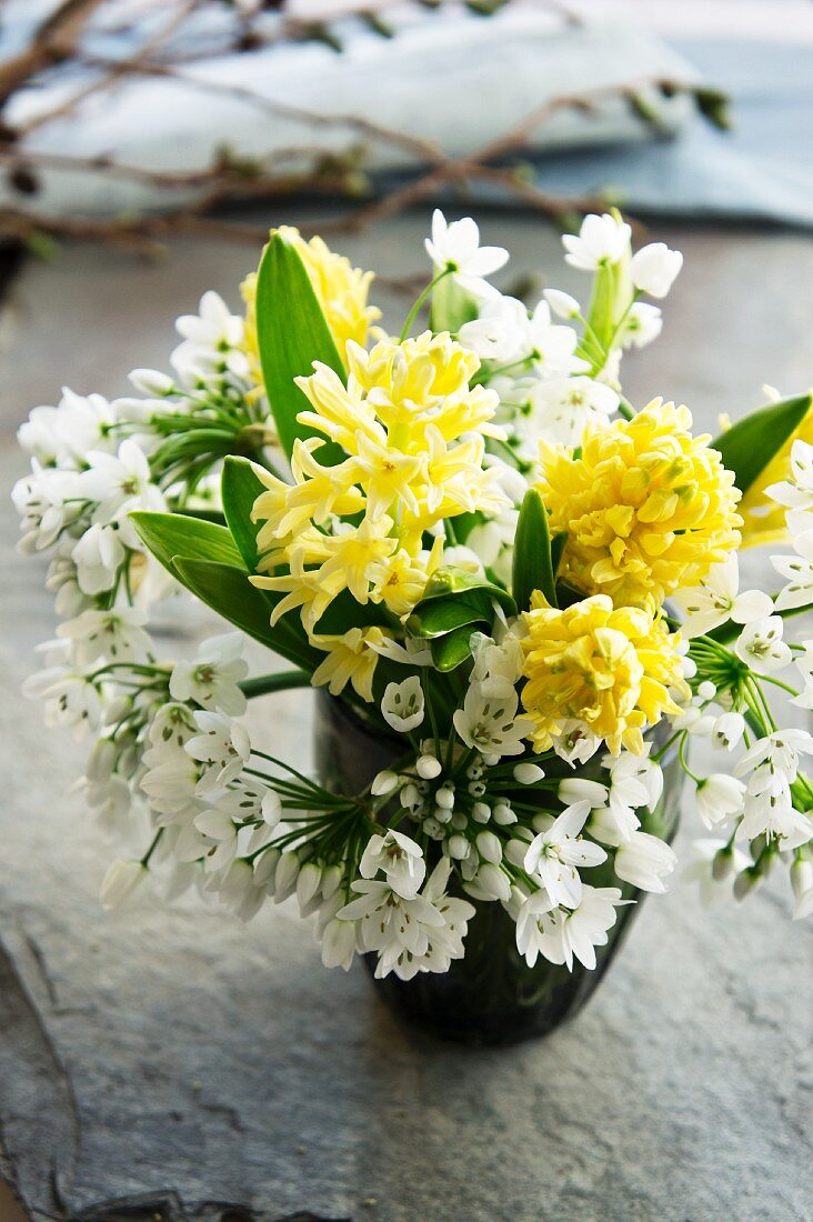 Bouquet of hyacinths and white alliums