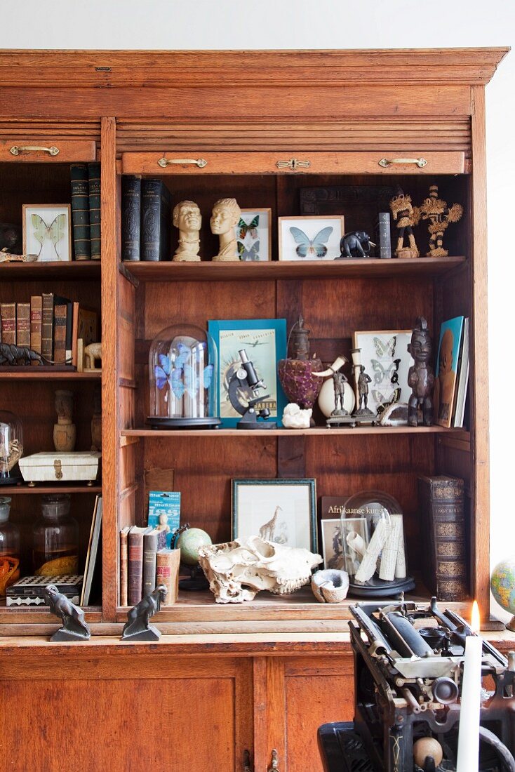 Antique collectors' items in wooden cabinet