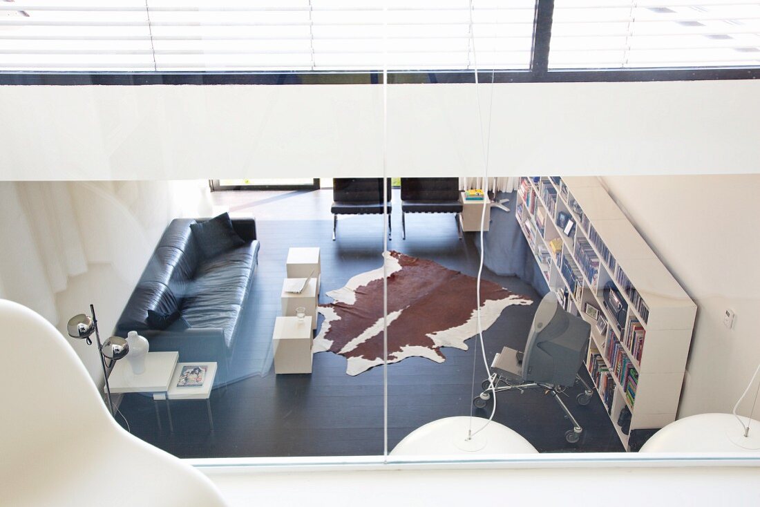 Minimalist interior in black and white with long bookcase and cowhide rug seen through glass gallery wall